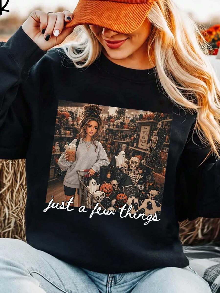 SHEIN LUNE Sweatshirt Lengan Panjang Wanita Kasual Serbaguna untuk Sehari-hari dengan Gambar Karakter - Hitam - View 1