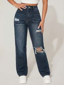 SHEIN PETITE Solid Color Distressed Slant Pocket Casual Versatile Denim Jeans ,Petite Women - Dark Wash - View 4