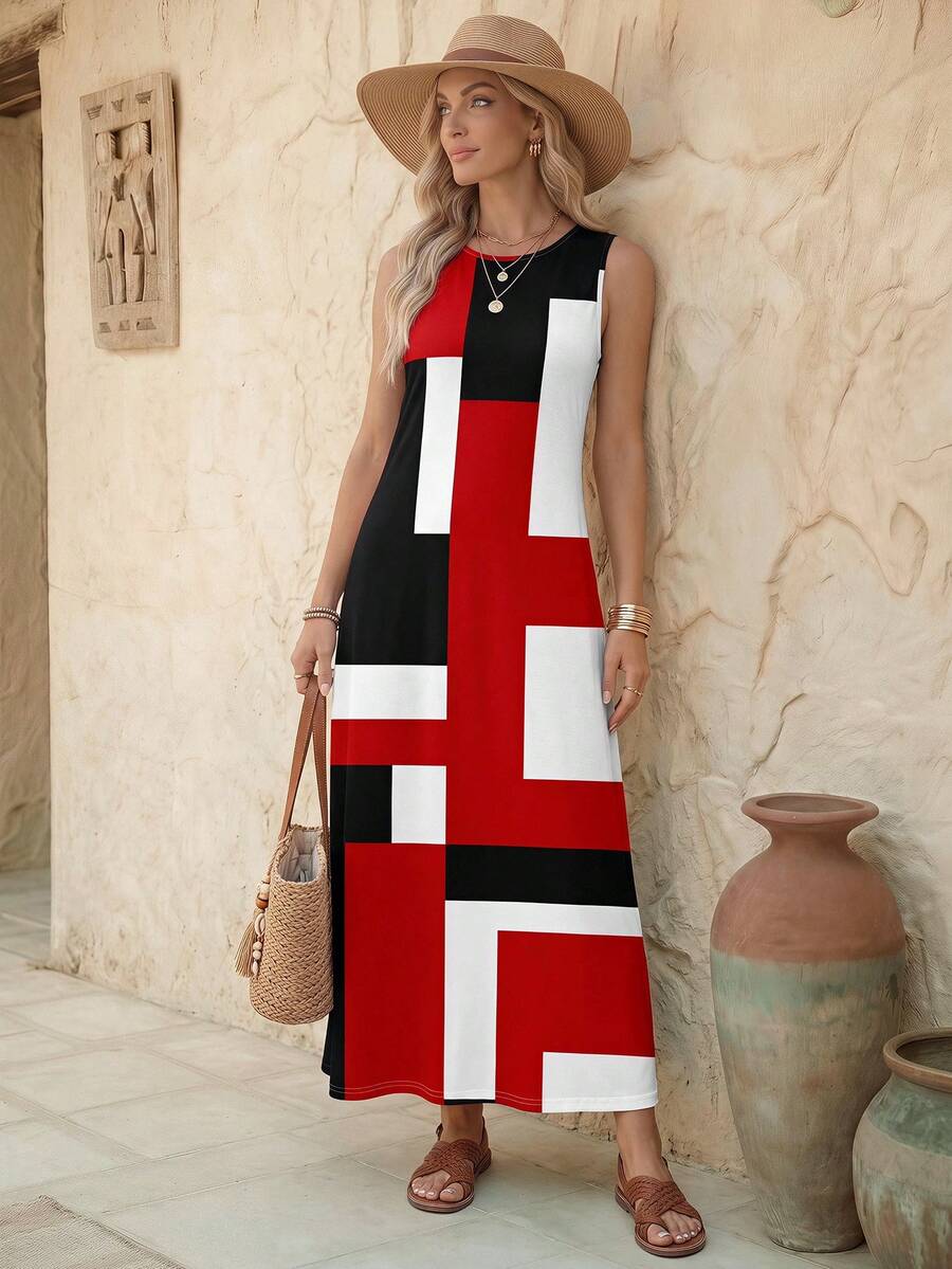 EMERY ROSE Vestido casual con patrón de bloques de color simple para mujeres, adecuado para el verano, ropa bohemia, vestido elegante, casual - Multicolor - Ver 1