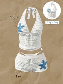 Elavelle Women's Spring/Summer Jacquard Fabric Spaghetti Strap Starfish Decor Bikini Top - White - View 2