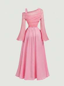 SHEIN MOD 粉色露肩網紗 2in1 喇叭袖長袖女款洋裝，西式復古 70 年代，The Bachelorette - 粉色 - 查看 2