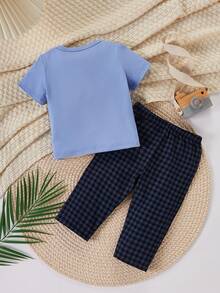 Baby Boy Solid Color Short Sleeve Pocket Top And Plaid Long Pants Loungewear - Blue - View 2