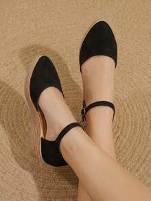 Styleloop Sandalias de mujer estilo bohemio con cuña de paja y cuerda de cáñamo, punta fina, plataforma retro, botón y tacón alto tipo romano - Negro oscuro - Ver 8