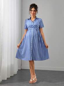 Momance Blue And White Striped Shirt Dress For Maternity, Lapel V-Neck With Criss-Cross Tie Waist, Short Sleeve Single-Breasted A-Line Skirt, Suitable For All Pregnancy Stages, Commute And Daily Wear, Elegant And Slimming Maternity Dress - Blue - View 1