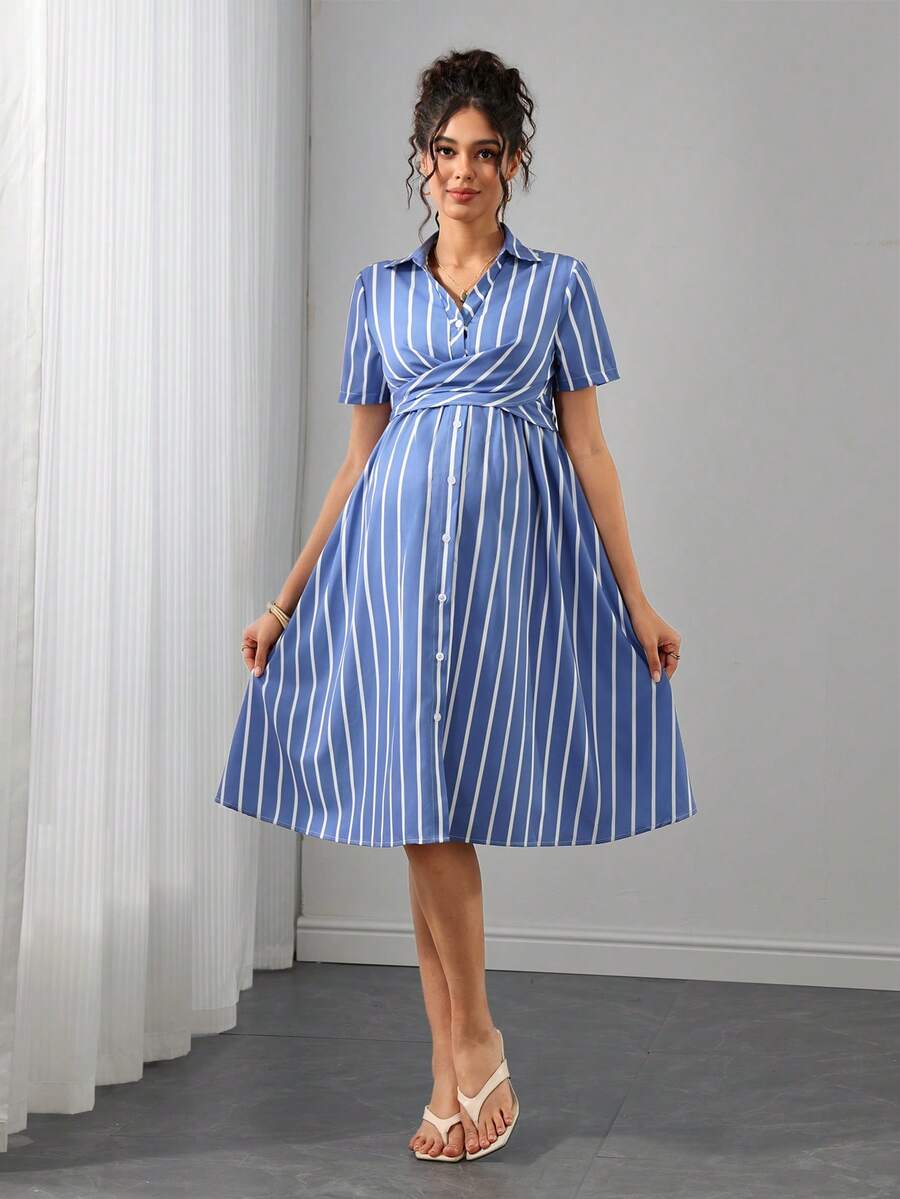 Momance Blue And White Striped Shirt Dress For Maternity, Lapel V-Neck With Criss-Cross Tie Waist, Short Sleeve Single-Breasted A-Line Skirt, Suitable For All Pregnancy Stages, Commute And Daily Wear, Elegant And Slimming Maternity Dress - Blue - View 1