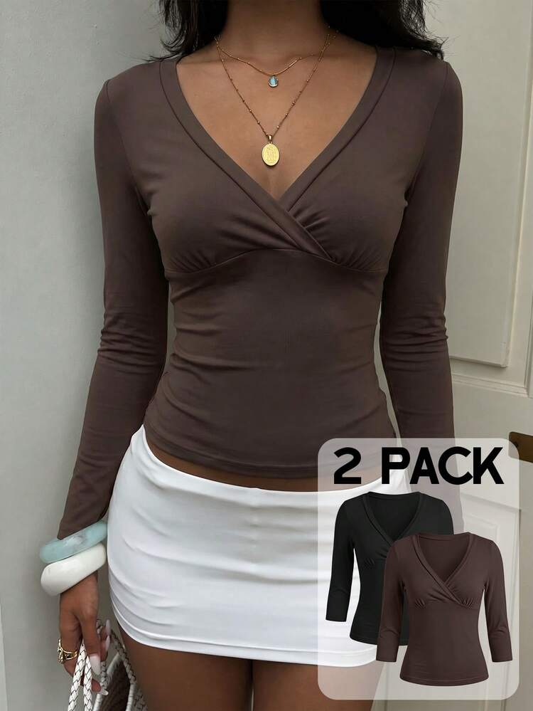Aloruh Early Autumn Deep V-Neck Back To School Night Out Mid-Sleeve Fitted Chocolate Brown 's 2-Piece T-Shirt Casual Sexy Night Out Black - Multicolor - View 1