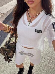 Muchica 女士夏季休闲白色网纱拼接条纹V领落肩T恤 - 白色 - 查看 3
