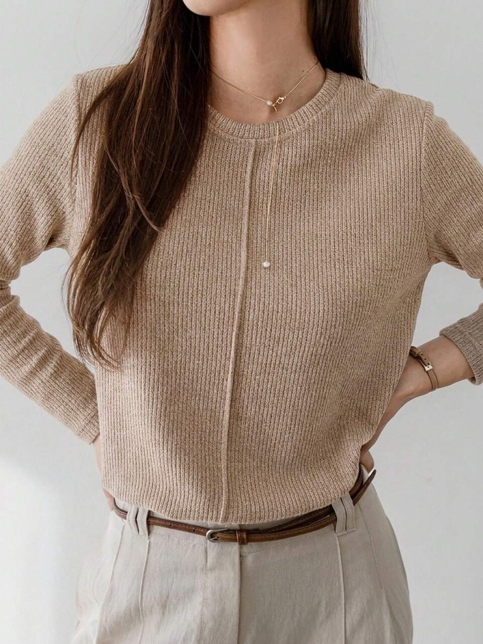 Solid Color Patchwork Short Sleeve Women's T-Shirt Office Everyday Brown Autumn Elegant