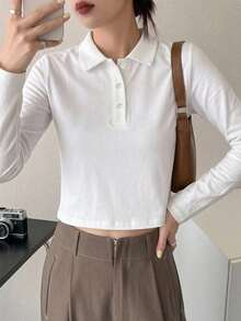 Dazy-Less Camiseta de manga larga de unicolor versátil y casual para primavera/otoño - Blanco - Ver 6