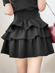 FRIFUL Rok Ruffle Berlapis Pinggang Tinggi Wanita yang Mempesona, Atasan Lucu Serbaguna - Hitam - View 7