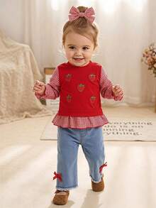 SHEIN 嬰兒/幼兒（女童）甜美可愛時尚 3D 花卉裝飾條紋拼接長袖上衣與牛仔褲 T-shirt 套裝 - 紅色 - 查看 3