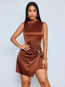SOLERSUN Women's Solid Color Stand Collar Metal Decor Asymmetric Hem Sleeveless Fashion Dress - Brown - View 6