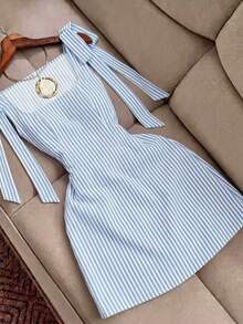 SHEIN Franclia 女款條紋時尚優雅蝴蝶結領結洋裝 - 彩色 - 查看 1
