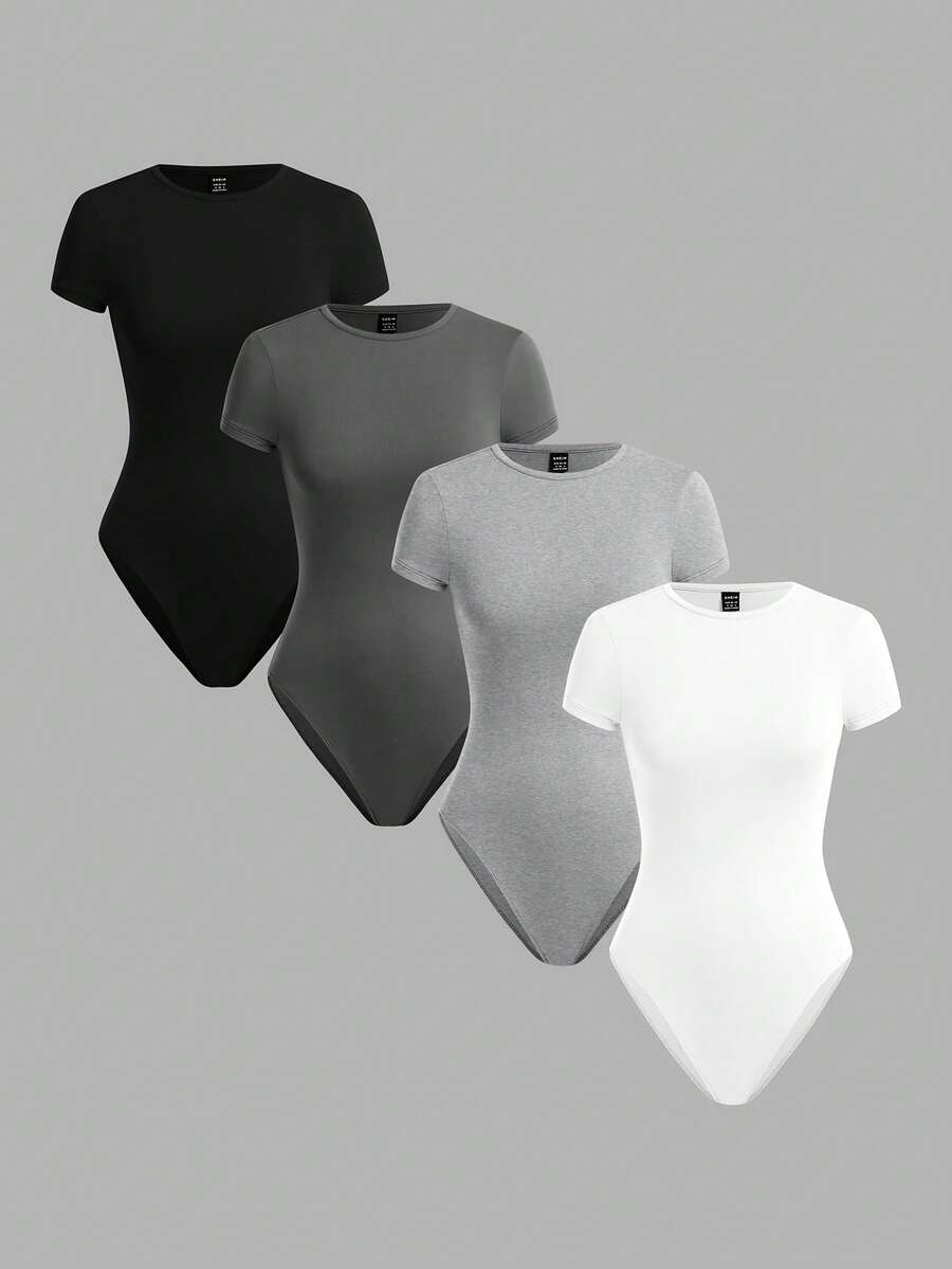 SHEIN BASICS 4件組女款純色針織圓領短袖修身連身衣 夏季服飾 日常辦公穿搭 黑色 灰色 淺灰色 白色 基本款 內斂