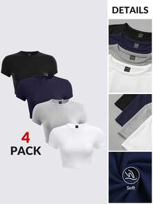 SHEIN BASICS 4pcs/Set Kaos Wanita Warna Polos Rajut Leher Bulat Lengan Pendek Slim Fit Model Crop Top Musim Panas - MultiWarna - View 5