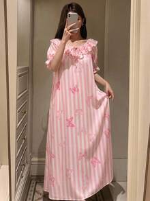 DAZY 條紋蝴蝶結圖案花瓣袖短袖長洋裝夏季女款睡裙 - 粉色 - 查看 3