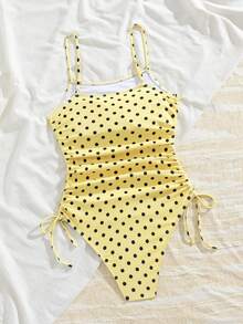 Swim Mod 可愛女孩休閒度假風 青春感碎花隨機印花 海灘海邊穿搭 繫帶抽繩修身顯身材 露背顯瘦女款連身泳衣 - 彩色 - 查看 6
