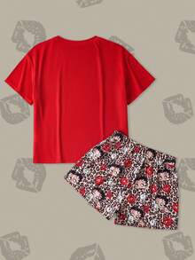 Betty Boop x SHEIN 女士舒适卡通肖像图案圆领短袖T恤和豹纹短裤睡衣套装，夏季 - 紅色 - 查看 2