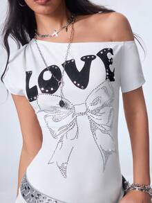 Y2Kool White Love Bow Metal Foil Asymmetrical Shoulder Y2K Punk Street Style Dark Casual Mini Dress For Women, Suitable For Spring/Summer Parties, Vacations, Holidays, Island, Music Festivals, EDM Festivals, Daily Wear - White - View 3