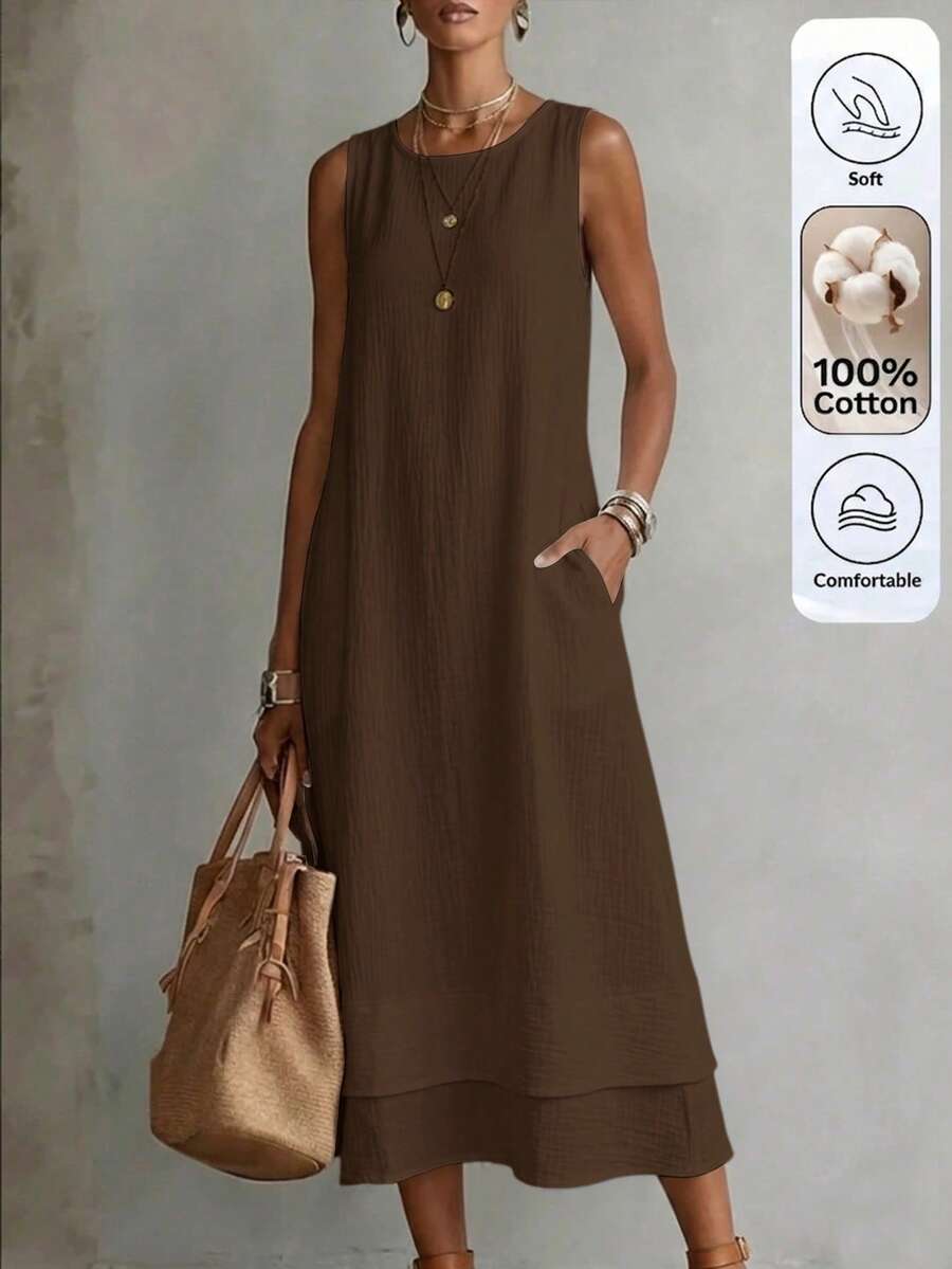 Linhara CURVE Plus Size Sleeveless Pure Cotton Double Layer Hem With Pockets Casual Everyday Women's Dress - Coffee Brown - View 1