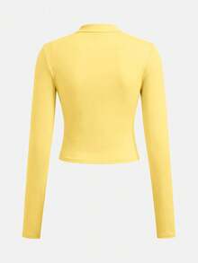 SHEIN Tween女孩休閒純色咖啡棕長袖上衣與喇叭褲2件套 - 黃色 - 查看 5