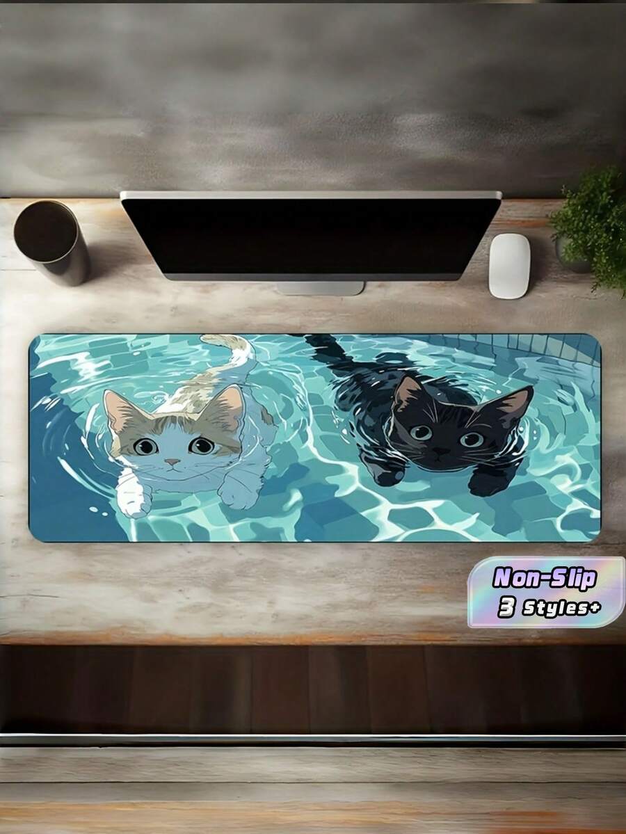 1 Alfombrilla de Ratón Gaming de Tamaño Grande con Escena de Piscina Divertida con Dos Gatitos, Base de Goma Antideslizante y Lavable, Tapete de Escritorio Extragrande para Uso de Oficina, Accesorio de Decoración de Computadora - Multicolor - Ver 1
