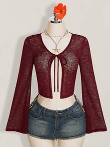 SHEIN ICON Solid Color Bell Sleeve Tie Front Cropped Top For Women - Burgundy - View 8