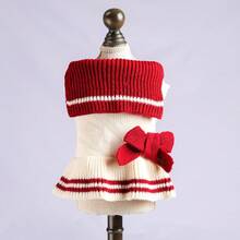 PETSIN 1pc Red And White Striped Knitted Pet Yarn Skirt, Fold Over Collar, Three-Dimensional Knitted Bow, Ruffle Edge Warm Dog Sweater, Suitable For Small Cats And Dogs In Autumn And Winter, Suitable For Daily Walking, Home, Christmas Dressing - burgundy strips - View 9