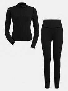 SHEIN Serisse Kids Tween Girl Casual Modest All Black Line Yoga Sports Slim Fit Zip-Up Stand Collar Knit Solid Color Top High Waist Leggings Set Summer - Black - View 5