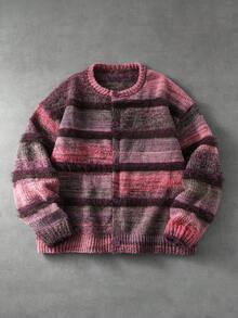 ROMWE MEN Men's Striped Long Sleeve Single-Breasted Casual Knit Cardigan - Purple - View 1