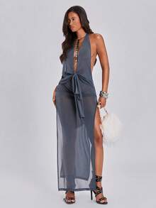 ACID BLVD Summer Casual Sexy Y2K Party Semi-Sheer Glitter Textured Deep V-Neck Tie-Up Backless Metal Chain Women's Dress - Dark Grey - View 9