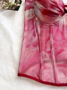Soleia Ink Wash Gradient Bow Elastic Mesh Ruched Fishbone Bustier - Red - View 6