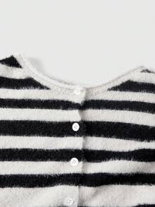 ROMWE Grunge Punk Women's Autumn/Winter Striped Short Cardigan With Flared Sleeves - Black - View 3