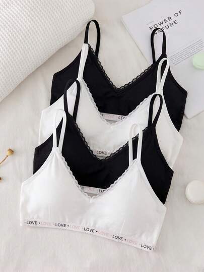 4pcs Girls Heart English Letter Woven Tape Black & White Casual Minimalist Daily Comfortable Soft Lace Sweet Cute Bra Underwear