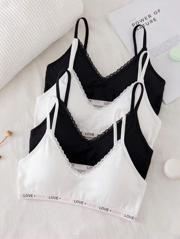 4pcs Girls Heart English Letter Woven Tape Black & White Casual Minimalist Daily Comfortable Soft Lace Sweet Cute Bra Underwear
