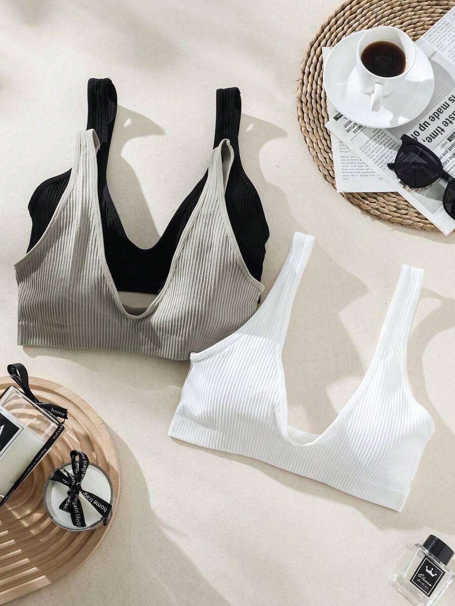 3pcs Solid Ribbed Knit Bralette - Multicolor - View 1