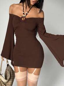 EgrlEra Vintage Sexy Coffee Brown Beaded Waist-Cinching Off-Shoulder Halter Neck Dress, Niche Hot Girl Style, Asymmetrical Long Sleeve Party Club Autumn - Brown - View 5