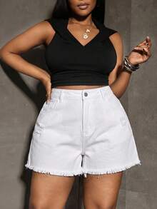 SHEIN PETITE CURVE Plus Size Women's Summer Frayed Pocket Ripped Denim Shorts - White - View 8