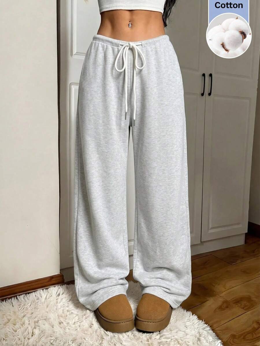 SHEIN EZwear 灰色針織女款抽繩腰鬆身長褲休閒運動褲