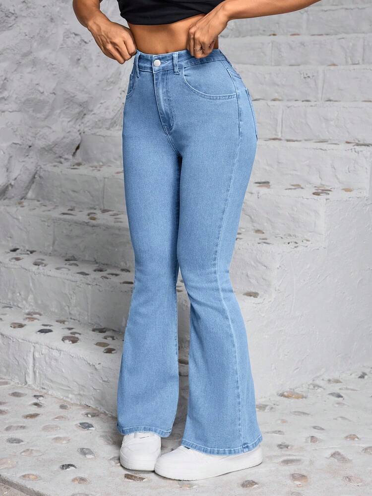 SHEIN PETITE Jeans de mezclilla simples con botones delanteros y bolsillos para mujeres, uso diario casual, para mujeres de talla pequeña - Lavado ligero - Añade 5