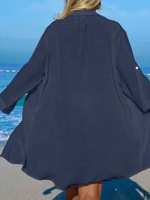Swim Vcay 女款白色椰子樹鈕扣休閒度假海灘和服式罩衫 - 藏蓝色 - 查看 2