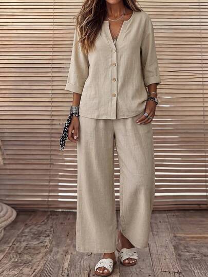Louniche Conjunto de top y pantalones anchos sueltos de mujer, de tela de punto con textura de bambú, elegante, minimalista y casual, apto para todas las estaciones, adecuado para vacaciones y uso en el hogar, para mujeres de mediana edad y mayores