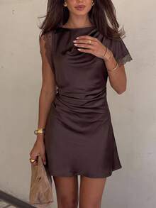 Siren Gaze Women Summer Dark Brown Pleated Lace Trim Mini Dress Business Casual Mature Sexy Elegant Resort Style Festival Party Dinner Date Night Out Teacher - Brown - View 3