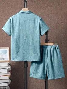 SHEIN 青少年男孩夏季休閒純色襯衫與短褲兩件套 - 綠色 - 查看 2