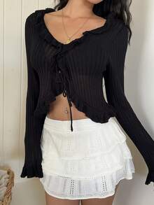 Sunnyshic Thin Sweet Black Frill Trim Women's Cardigan - Black - View 4