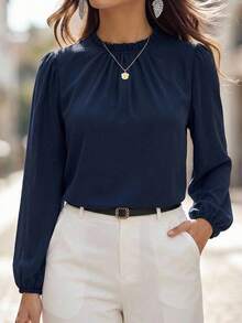 Miaspire Plus Size Women's Fall Casual Elegant Commute Solid Color Navy Blue Pleated Long Sleeve Blouse Shirt Top,Autumn,Back To School,Formal,Office,Vacation - Navy Blue - View 3