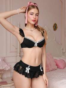 PetitDoll Lace Patchwork Women's Lingerie Set (Women's Bra, Low-Waist Mini Skirt Style Thong 2pcs Set) - Black - View 4