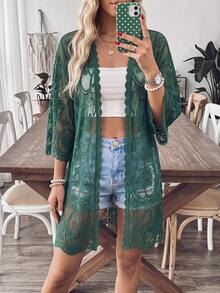 Brillora 女款度假海灘蕾絲寬鬆和服式罩衫 - 墨綠色 - 查看 9