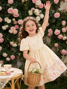 SHEIN Elladie kids 女童圓領短袖百褶滿版印花優雅花童夏季婚禮禮服 - 白色 - 查看 6