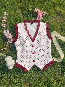 SHEIN MOD Women Polka Dot V Neck Sleeveless Short White Red Sweet Y2K Vest Going Out Party Back To School Fall Autumn - Red and White - View 9